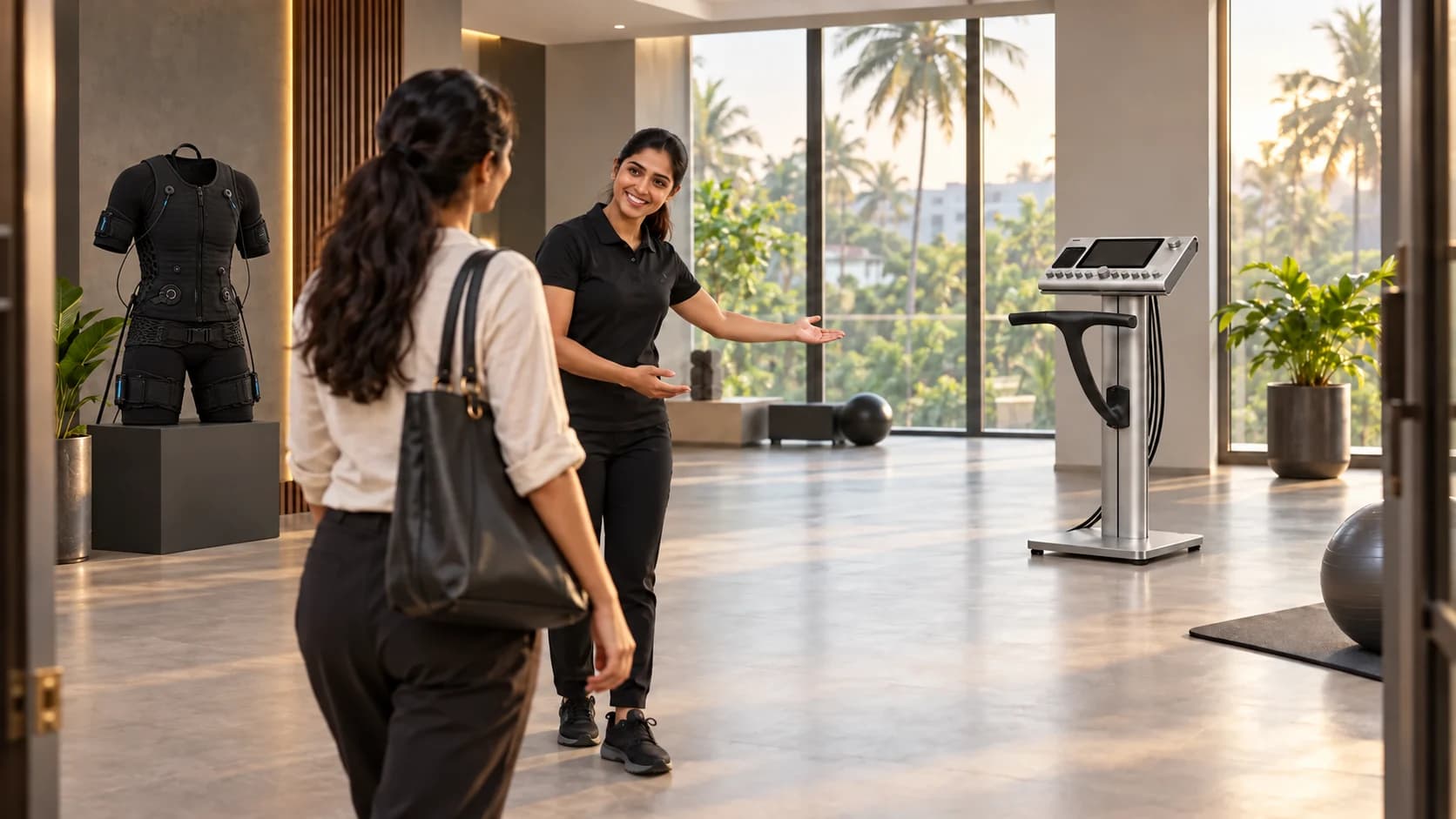 Lyxaa trainer welcoming a client beside a correctly fitted black textile EMS garment and control console in Kozhikode