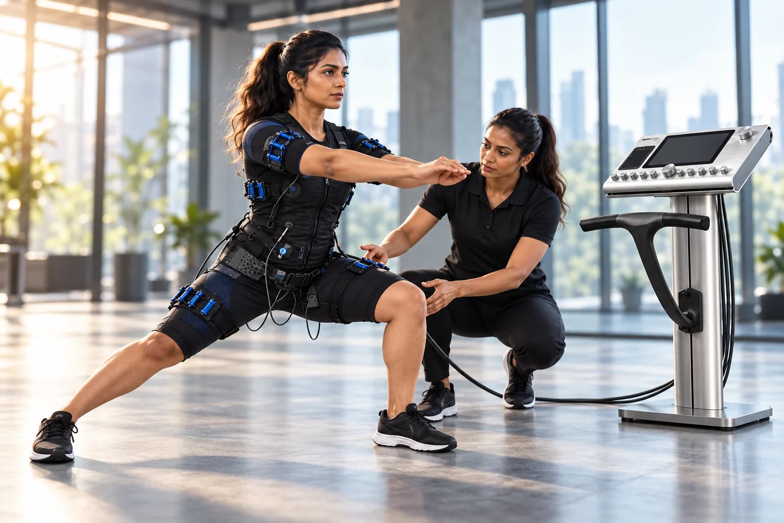 Athletic adult completing a supervised lateral movement in a whole-body EMS suit