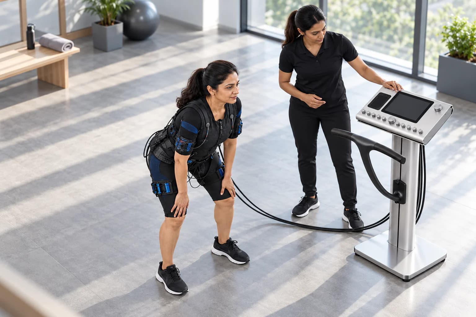 Adult completing a controlled hip-hinge movement in a whole-body EMS suit while a trainer monitors the session