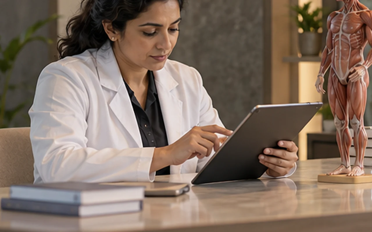 Indian clinician reviewing medical evidence on a tablet beside an anatomical model