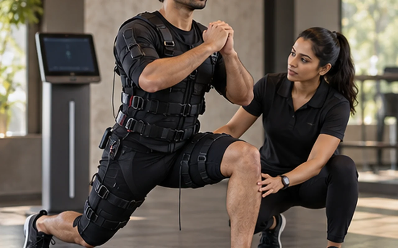 Indian client completing a supervised lunge in a textile whole-body EMS garment