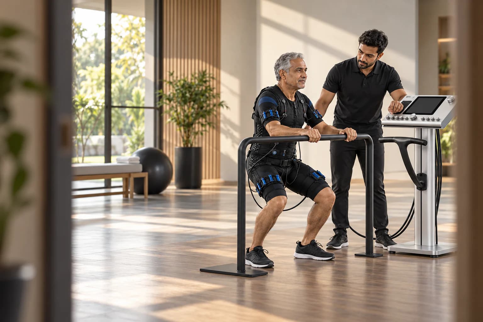 Older Indian adult completing a supported squat in a whole-body EMS suit under one-to-one supervision
