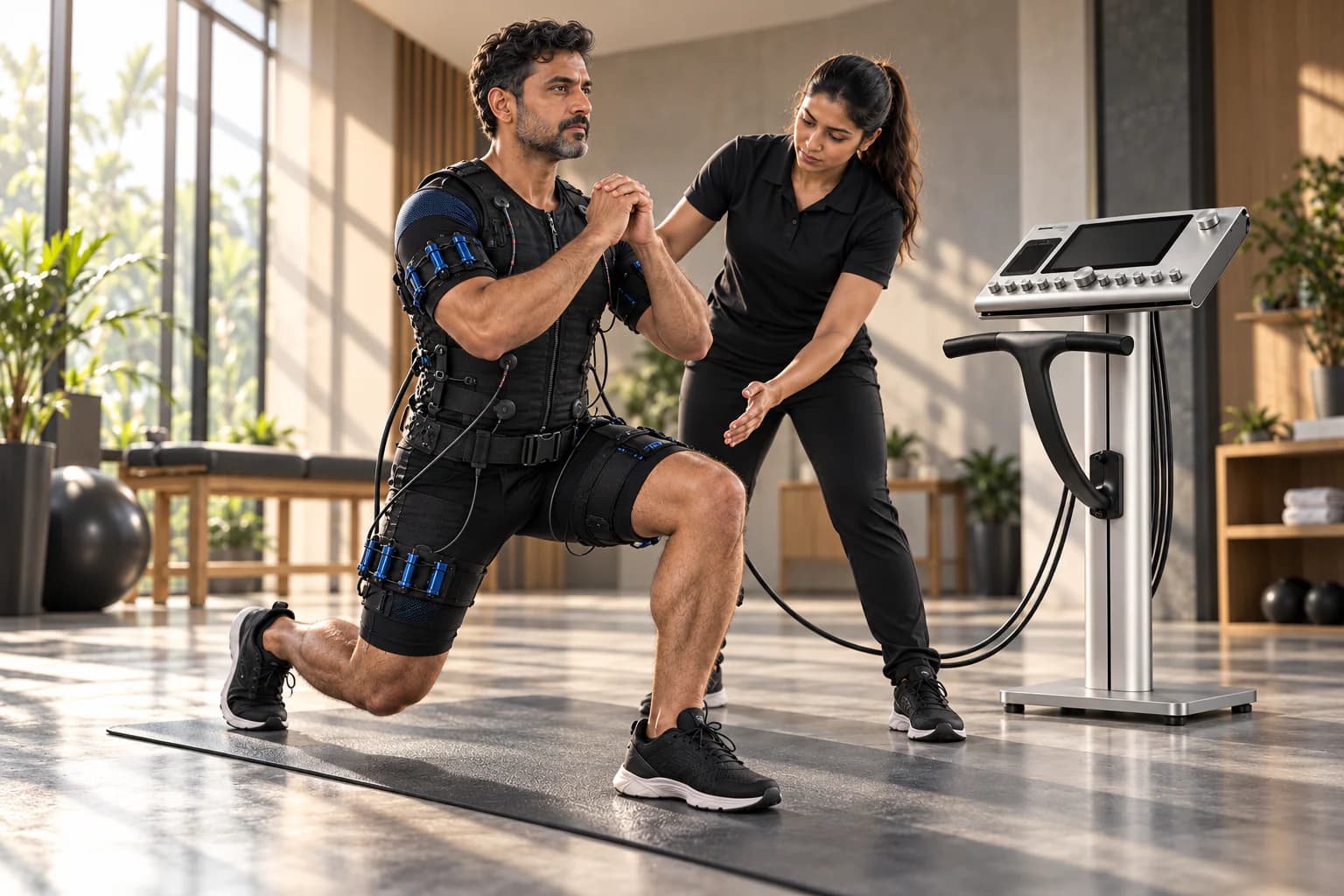 Adult completing a supervised split squat in a connected whole-body EMS suit