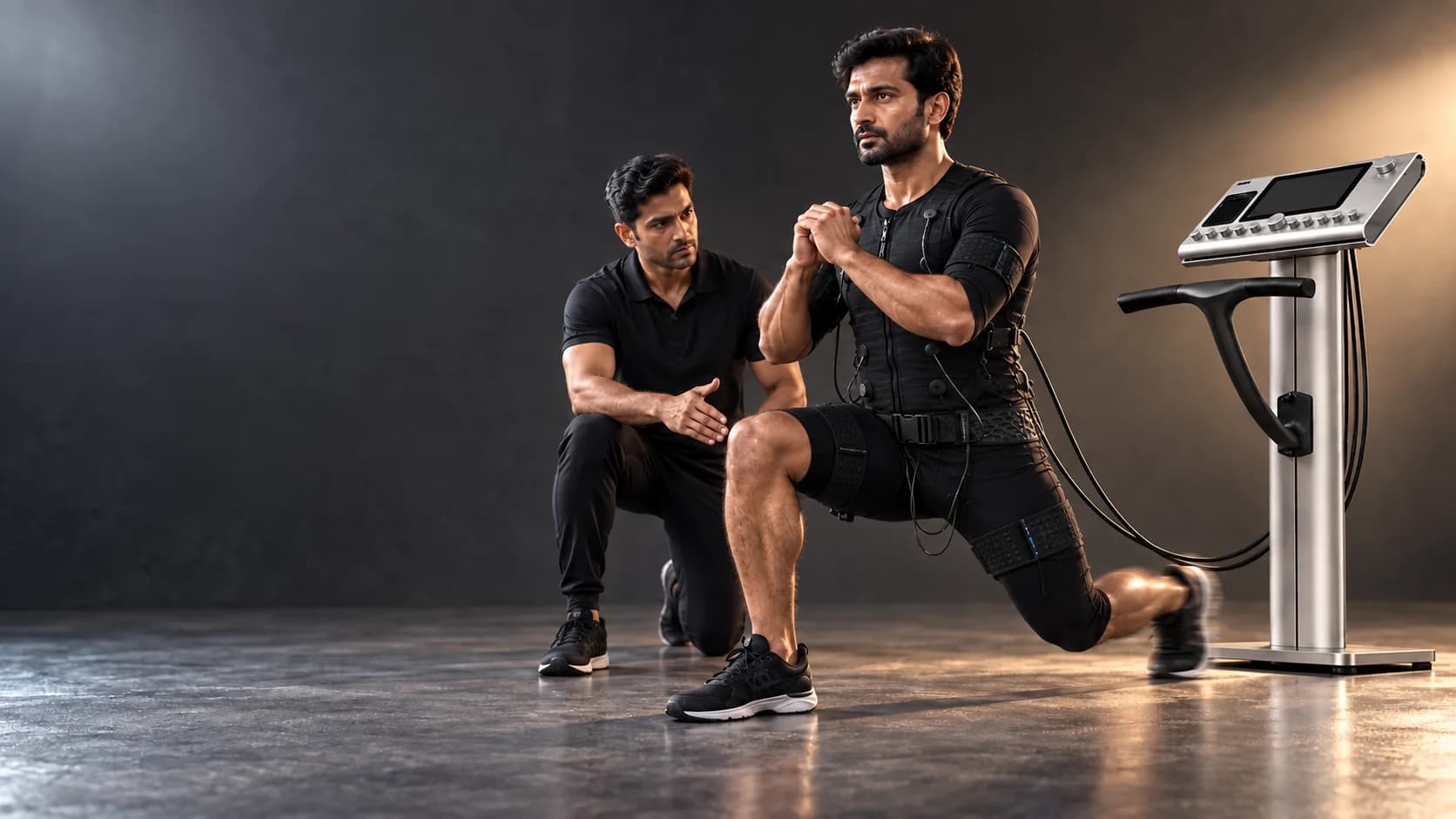 Lyxaa trainer coaching an active lunge in black textile whole-body EMS garments beside the control console