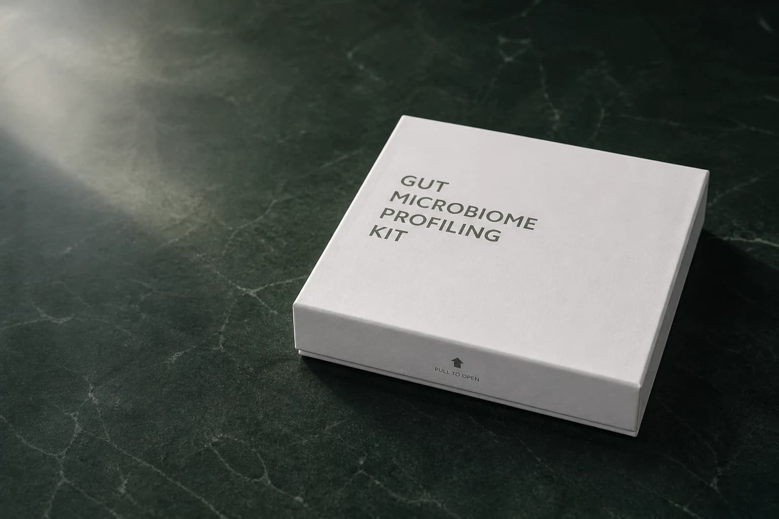 Gut microbiome profiling kit on a dark green clinical counter