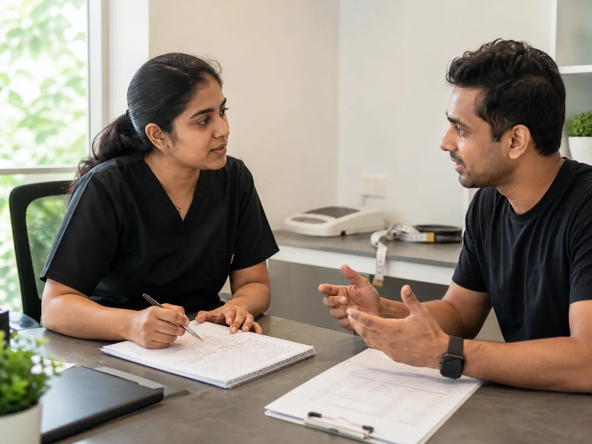 A Lyxaa clinical dietitian reviewing a food history with an adult client