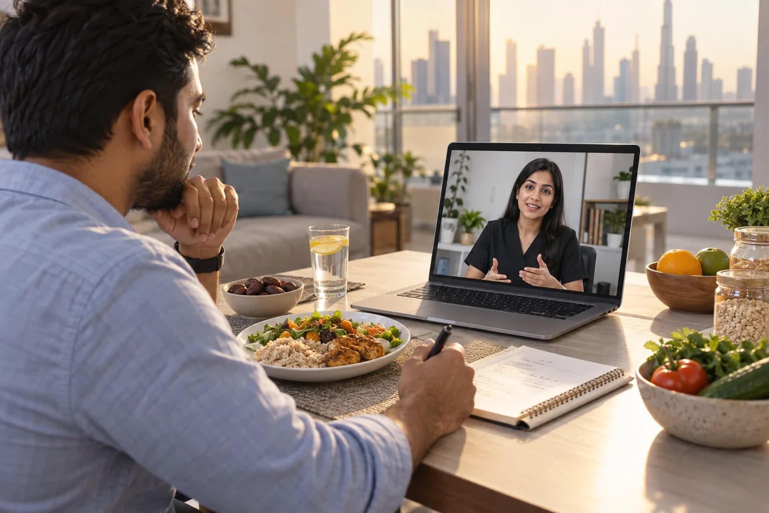An Indian professional in the Gulf attending an online consultation with a Lyxaa clinical dietitian