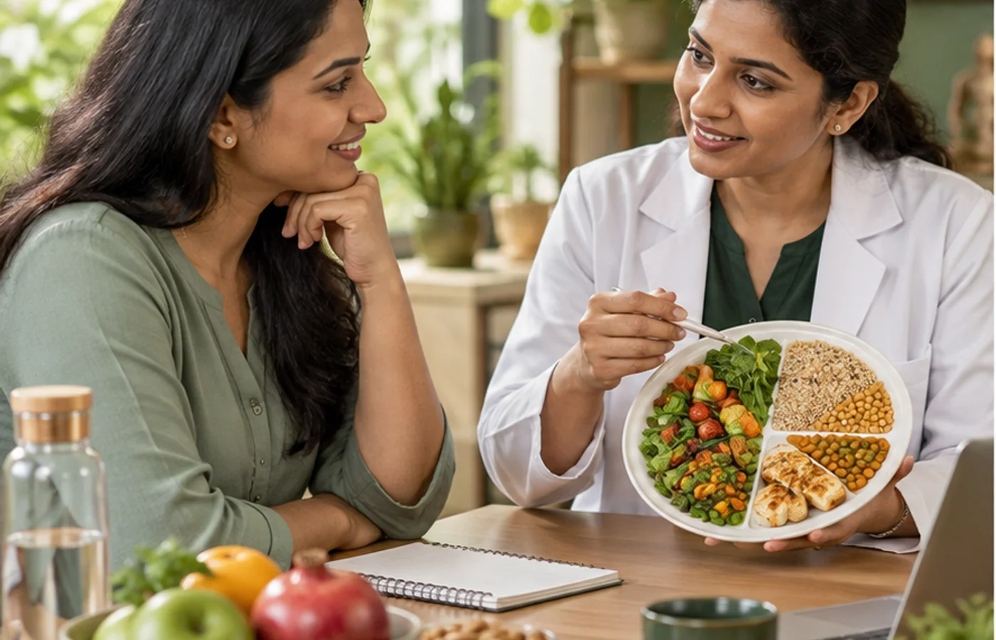 Indian adult discussing weight optimisation and a balanced meal with a clinical dietitian