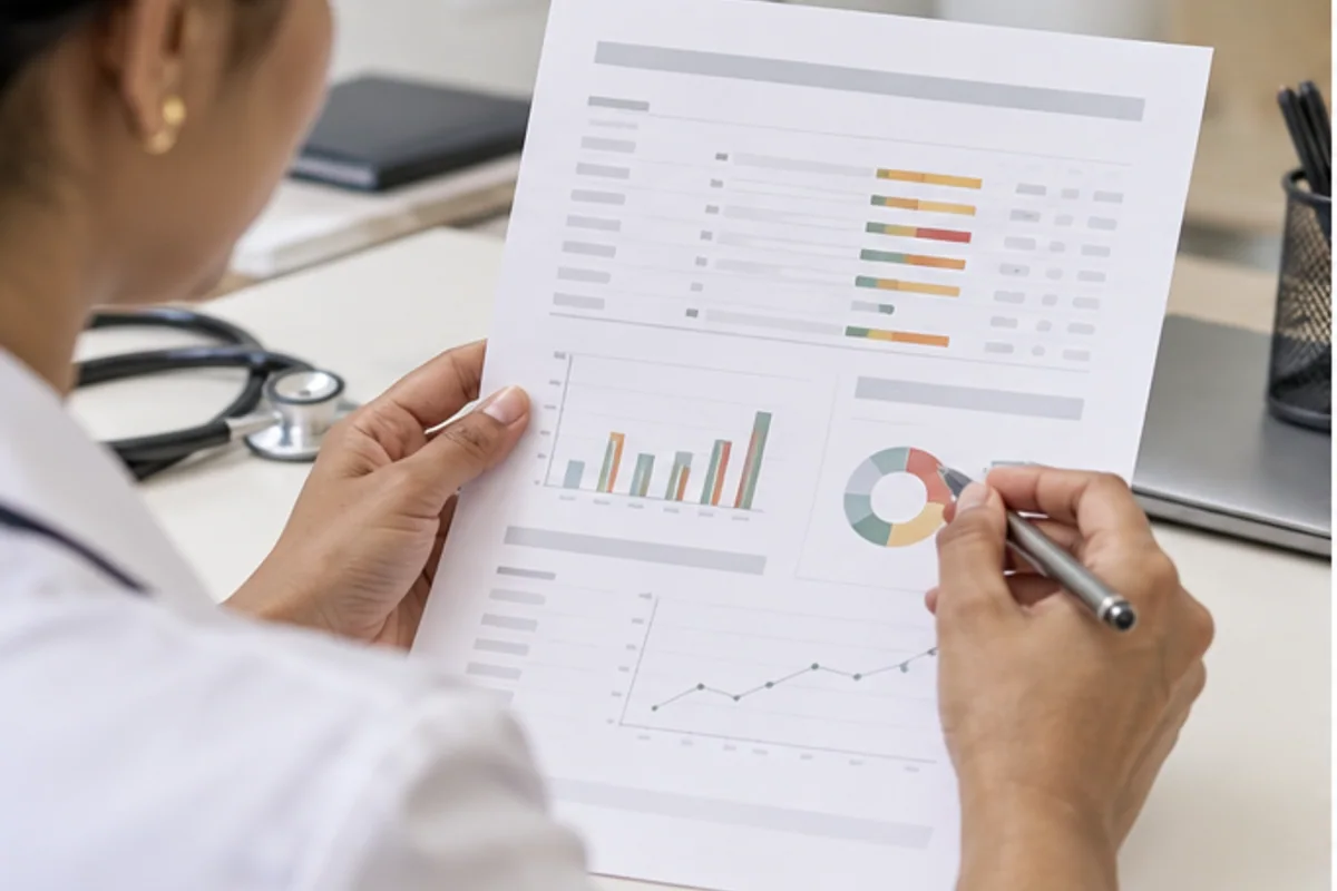 Clinical dietitian reviewing an anonymized blood report for a nutrition consultation