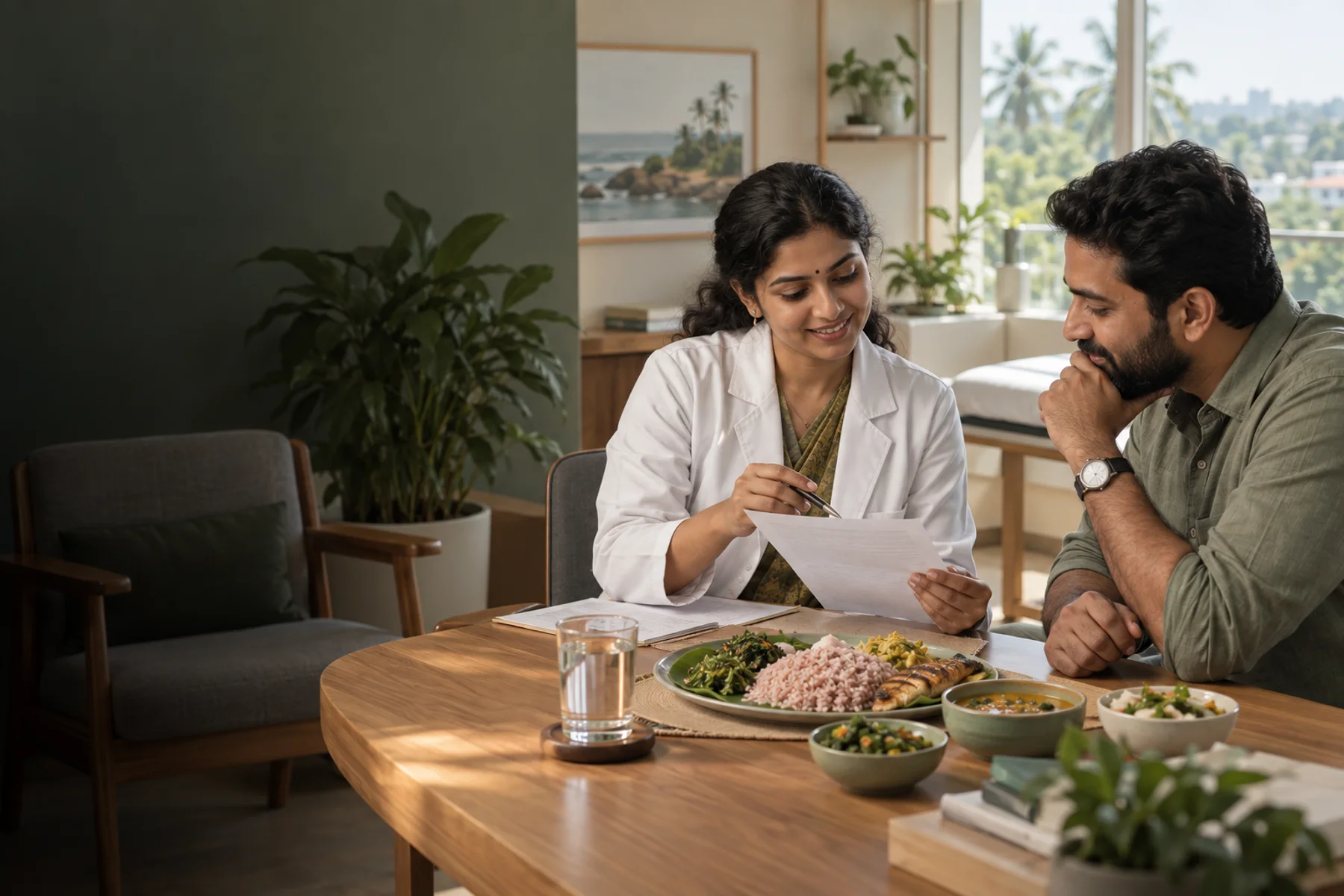 Lyxaa clinical dietitian reviewing current blood results and a Kerala meal with an adult client in Kozhikode