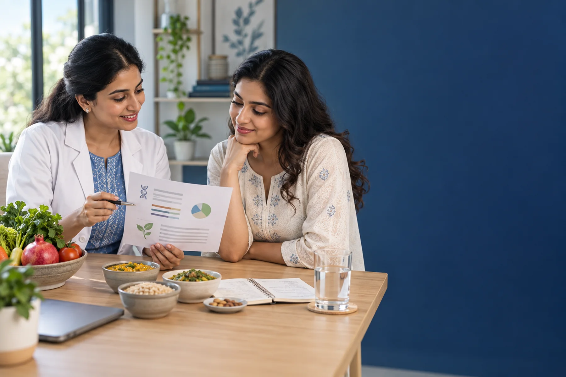 Indian clinical dietitian discussing an epigenetic nutrition report and familiar foods with a client