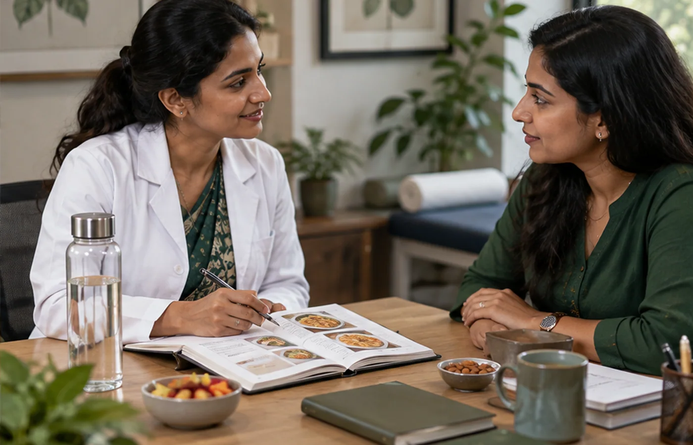 Indian adult attending a calm dietitian consultation for recurring IBS symptoms
