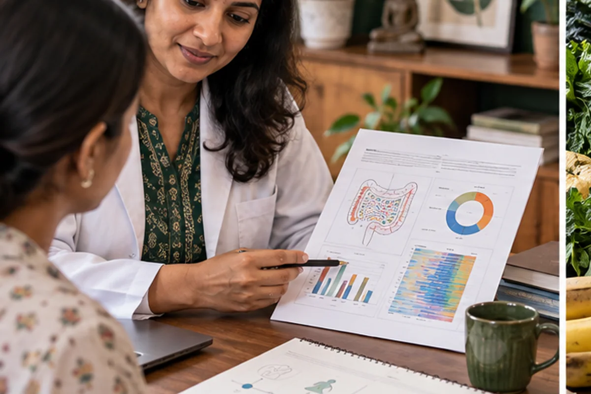 Dietitian mapping gut symptoms beside an anonymized microbiome report