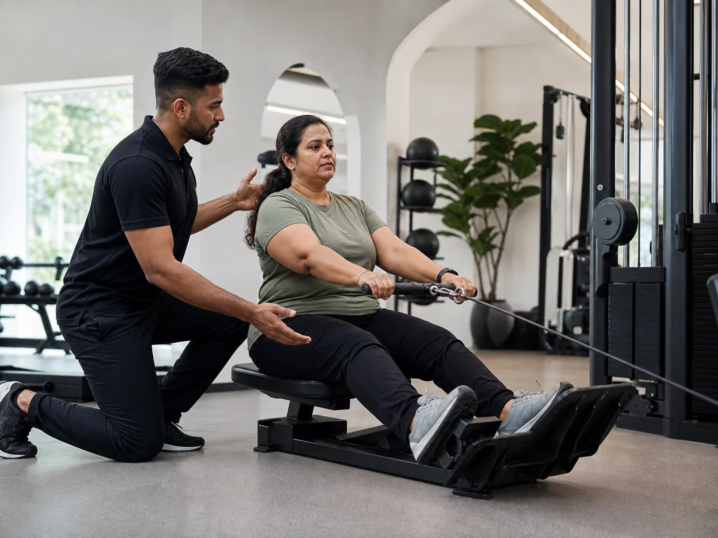 Personal trainer guiding an adult through conventional resistance exercise for comparison with EMS training