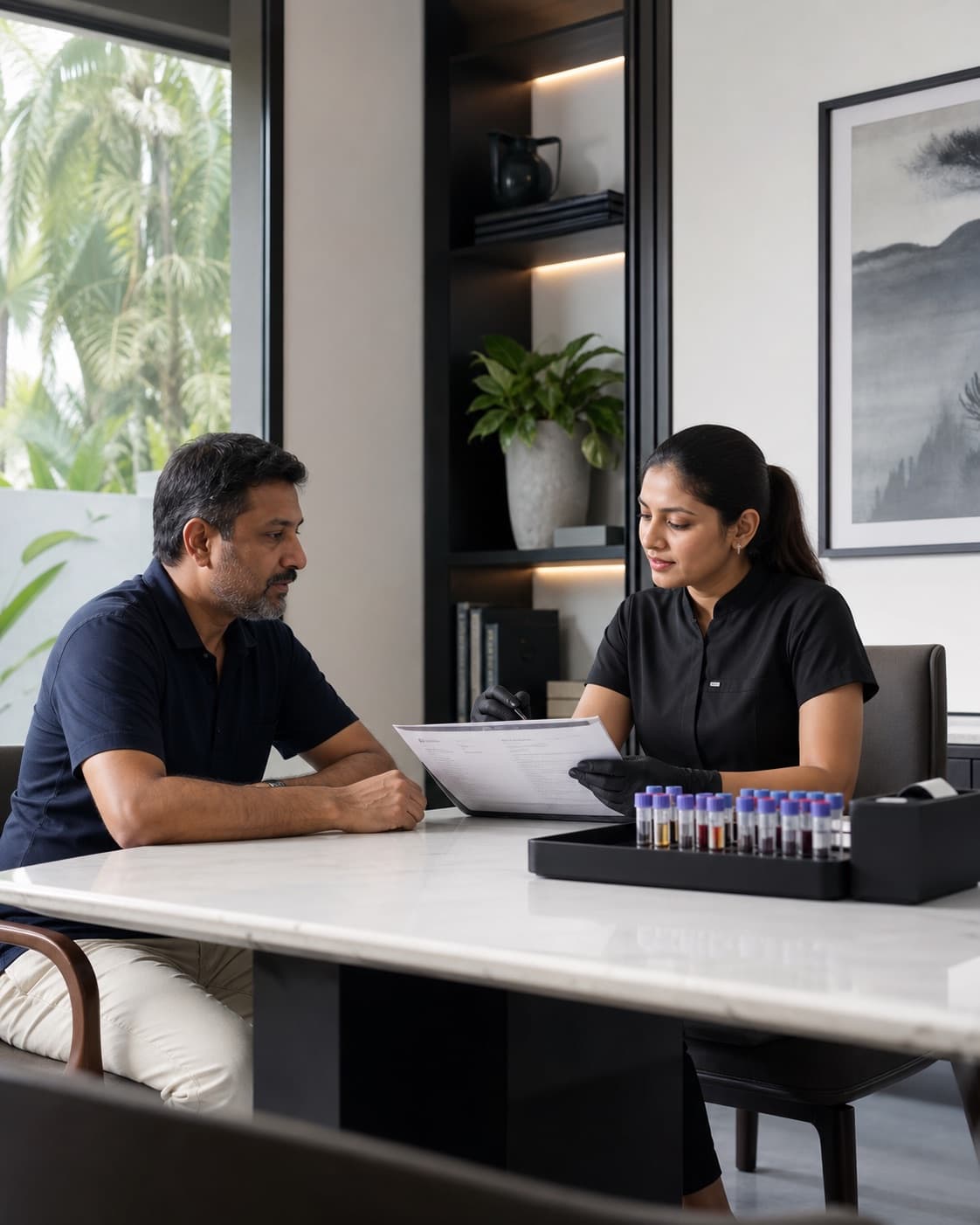 A Lyxaa clinician in black reviewing Day 0 baseline results with an Indian client