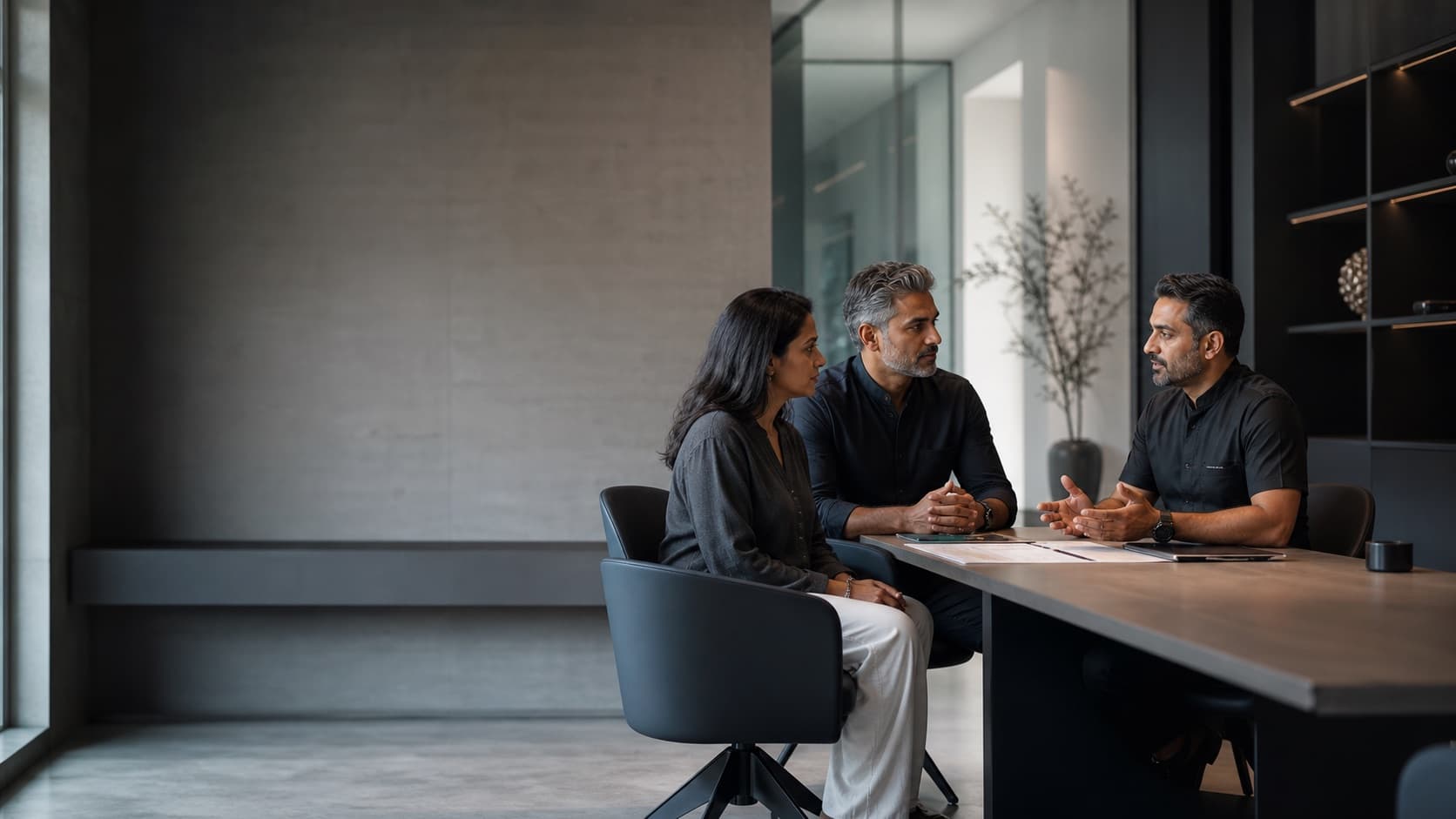 A Lyxaa physician in black discussing a long-term health plan with two Indian adults