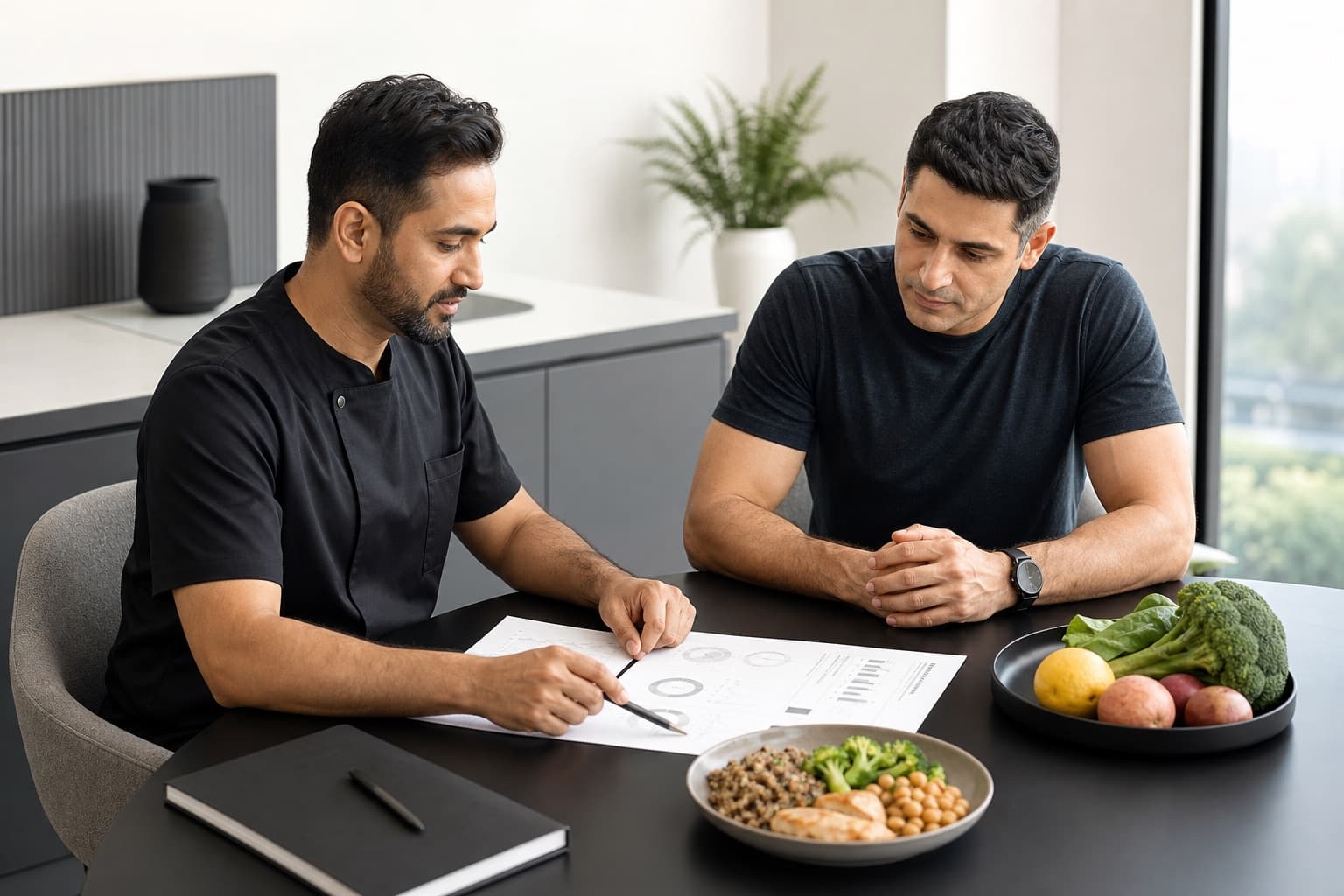 A Lyxaa nutrition professional in black planning precision nutrition with an Indian male client