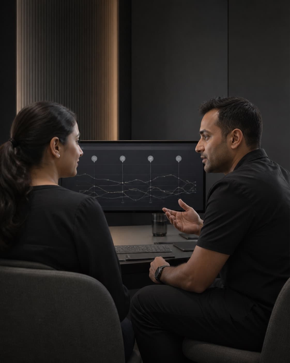 A Lyxaa clinician in black reviewing a full-year health trend with an Indian client