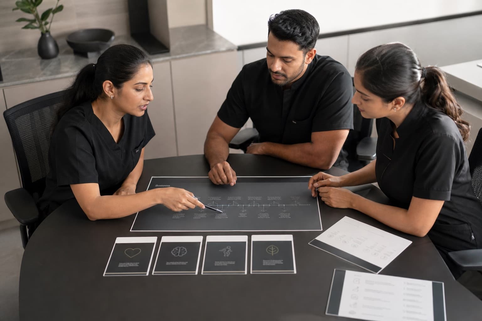 A mixed-gender Lyxaa clinical team in black reviewing a yearly care timeline
