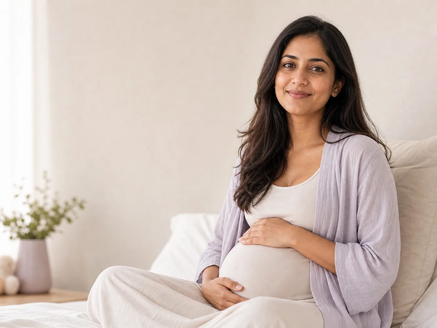 Pregnant woman resting on a sofa in natural light