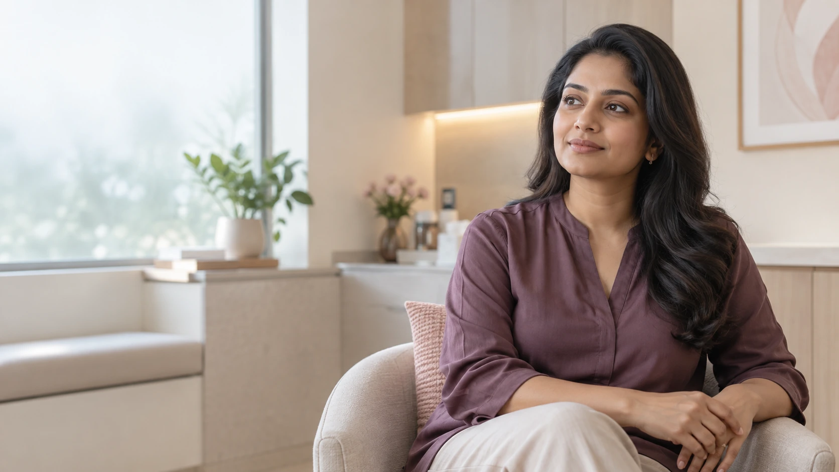 Woman in a calm clinic setting preparing for a preventive health conversation