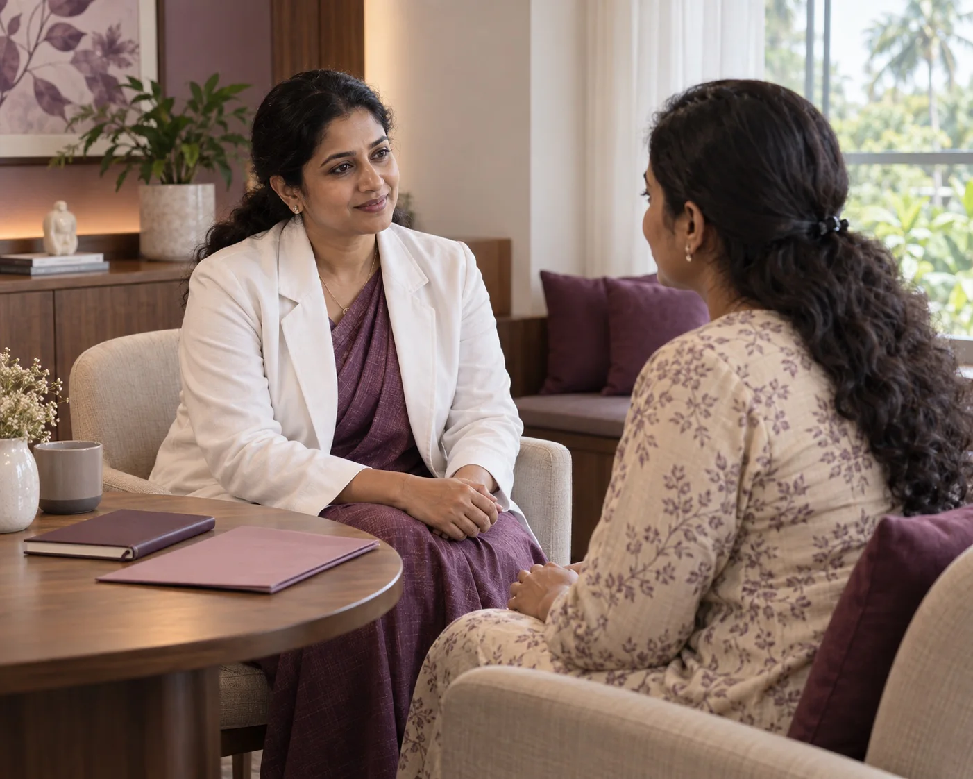 Woman speaking with a clinician during a private women's health consultation