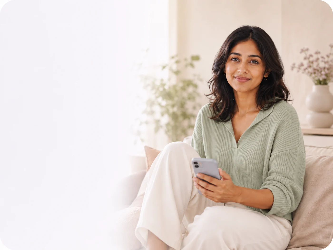 Woman sitting with her phone while considering her cycle history