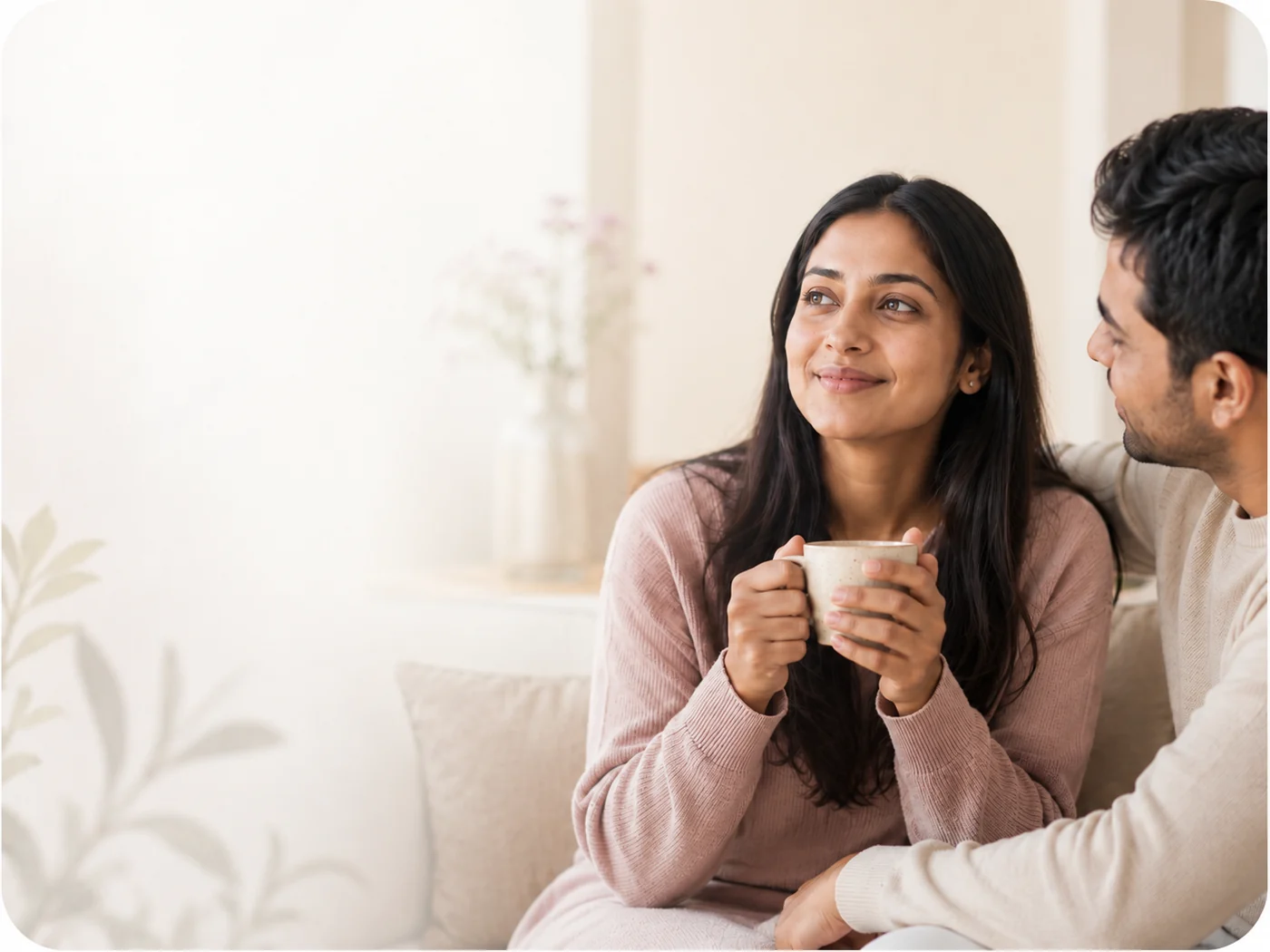Woman sitting with her partner in a bright home setting