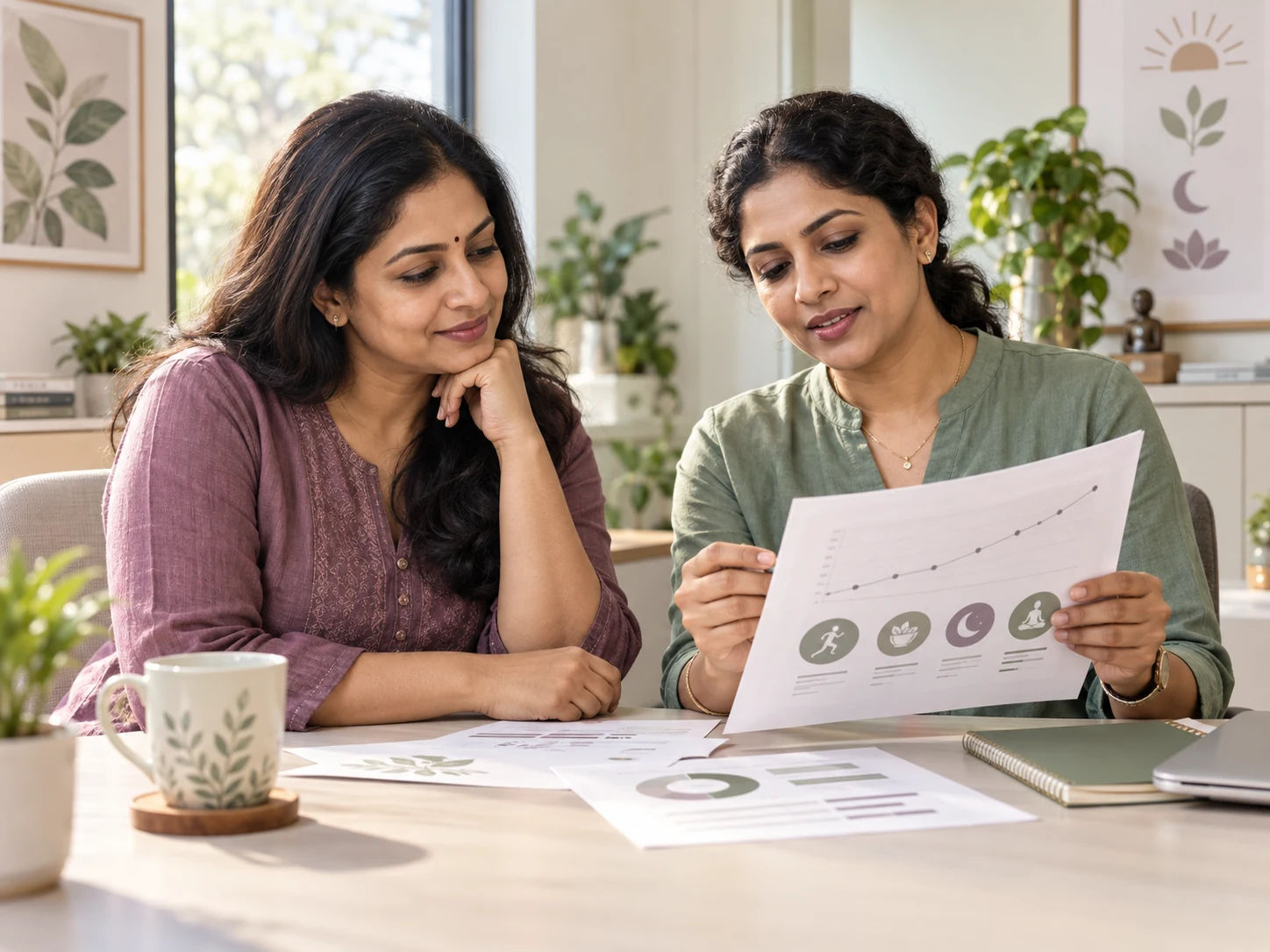 South Indian woman and health professional reviewing energy, sleep and metabolic health trends together