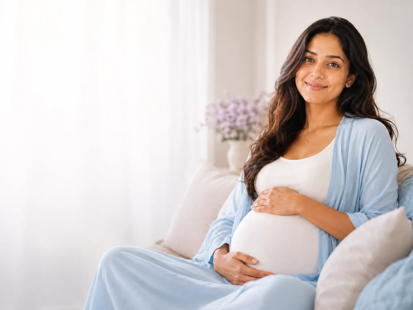 Pregnant woman resting on a sofa in natural light