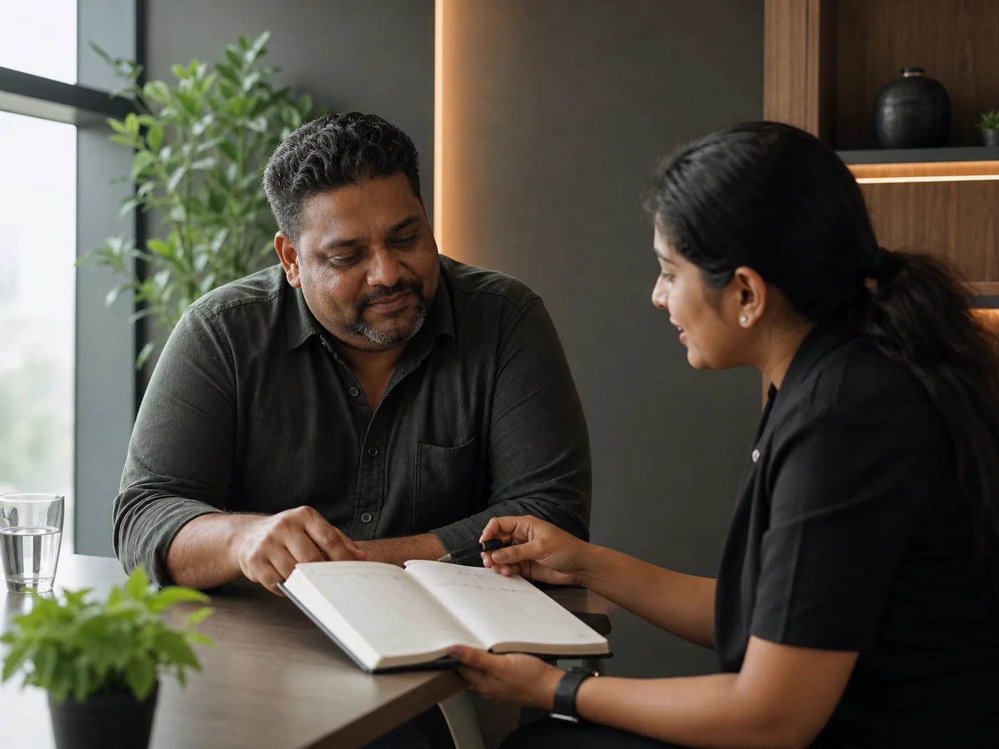 A Lyxaa health coach in a black uniform reviewing sleep and behaviour routines with an adult man