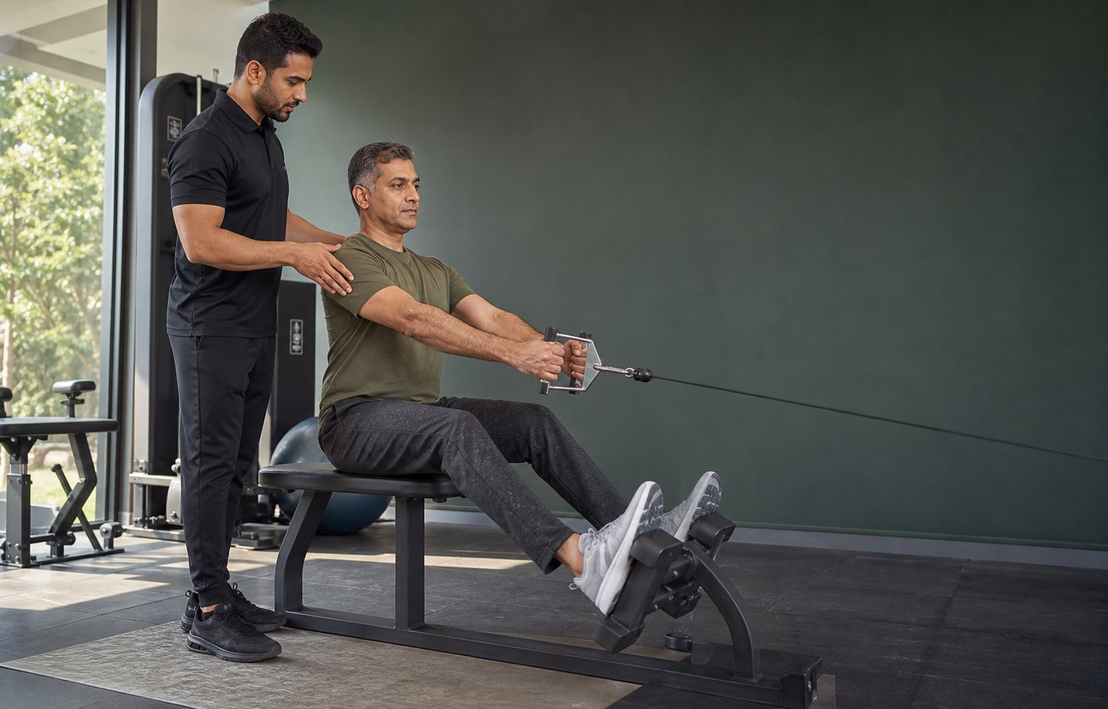 A Lyxaa trainer in a black uniform guiding an adult man through a controlled seated cable row