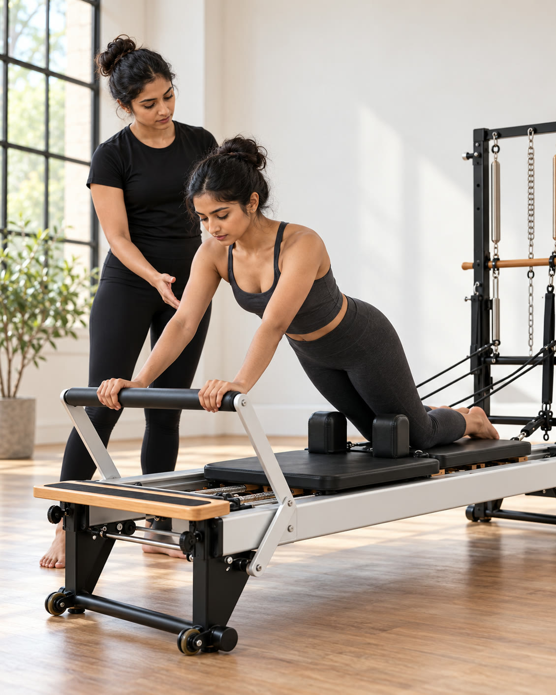 Adult South Asian dancer doing a guided kneeling Pilates strength exercise
