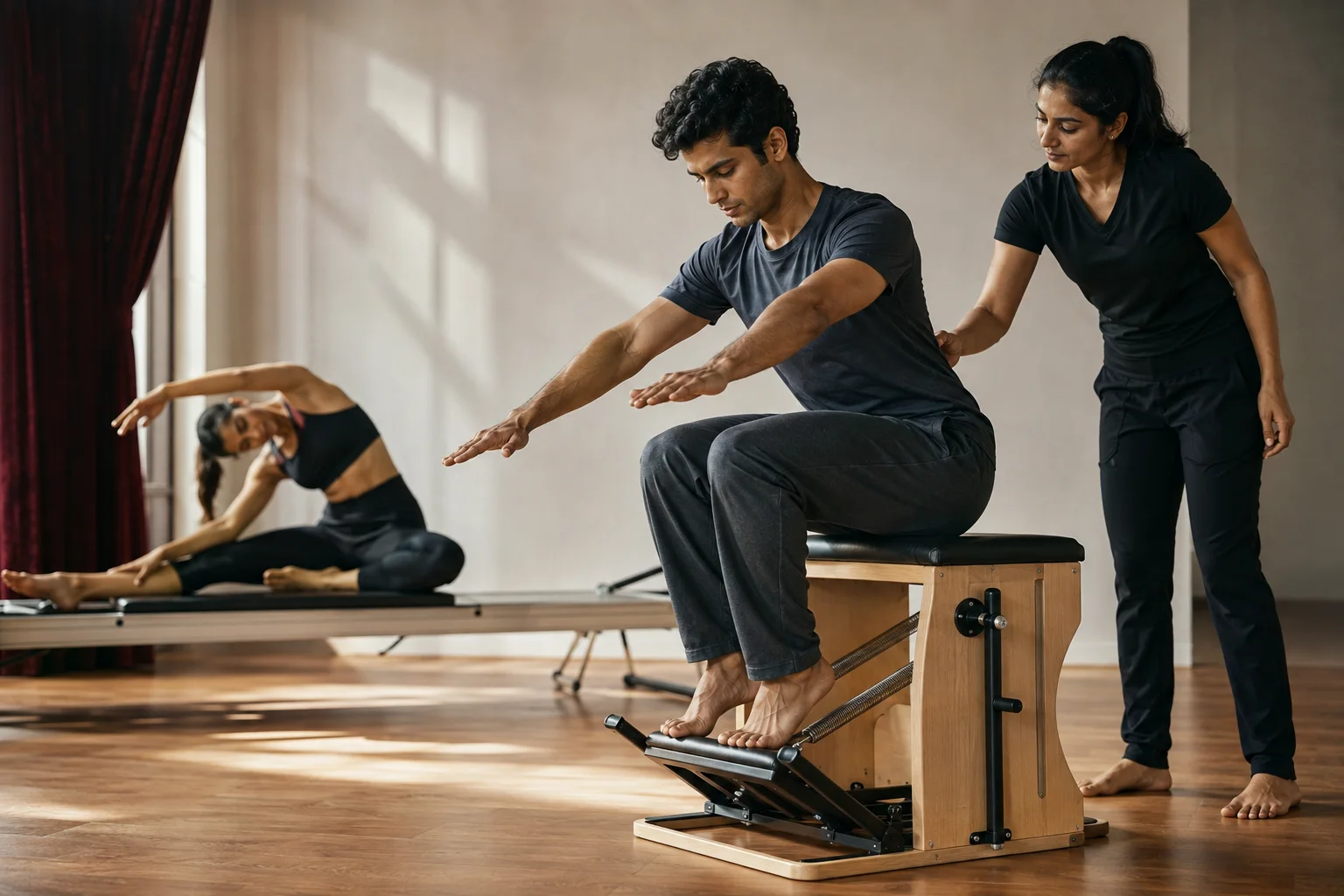Contemporary dancer practising controlled landing preparation on Pilates equipment with a black-uniformed instructor