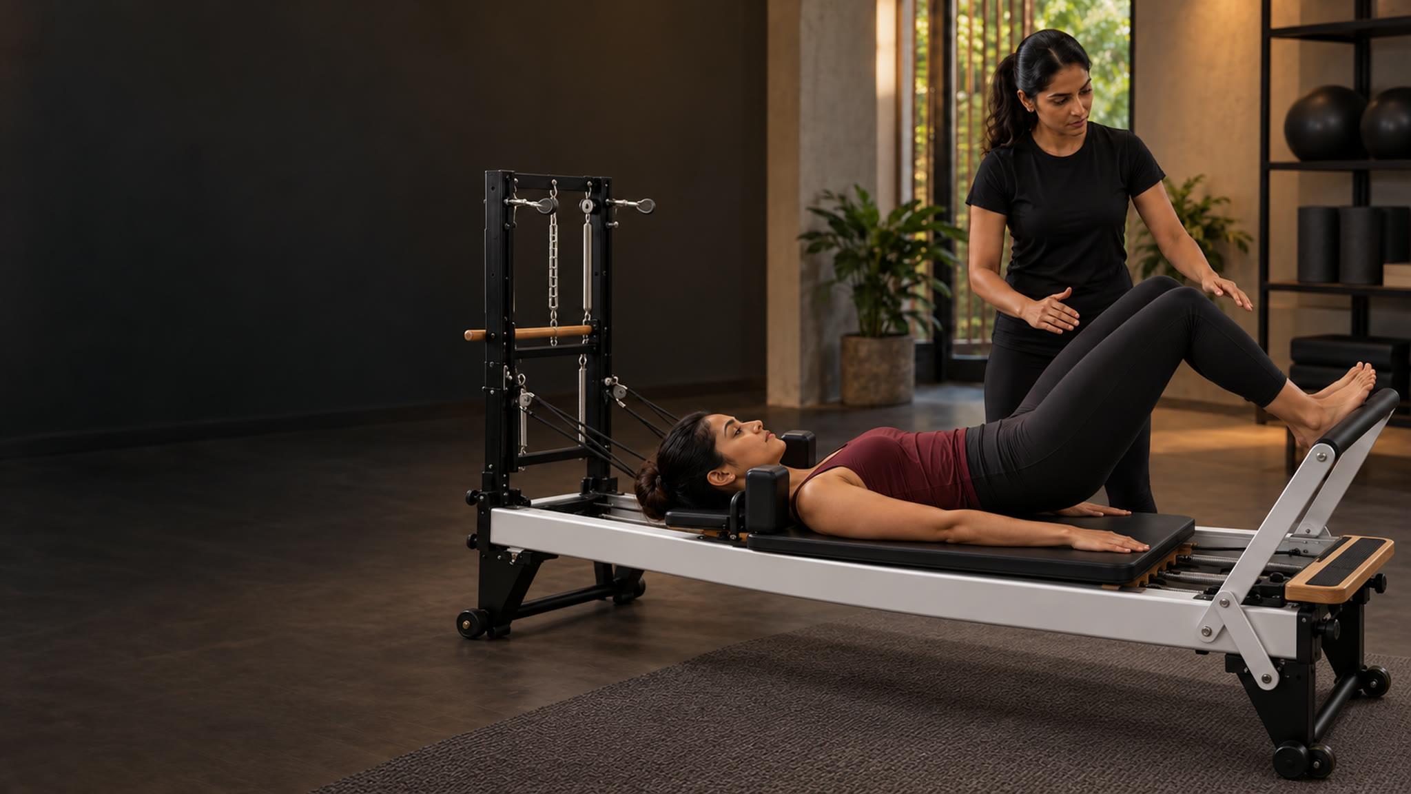Adult South Asian dancer doing guided Pilates footwork in a private studio