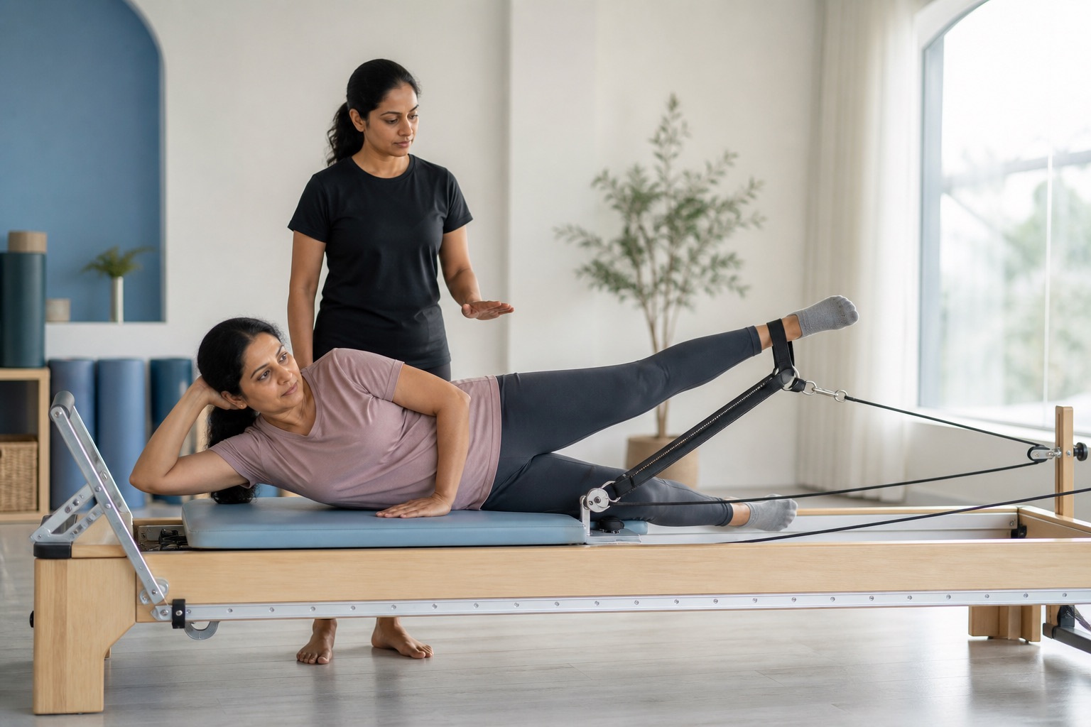 An adult woman practises a controlled side-lying Pilates movement with a black-uniform instructor