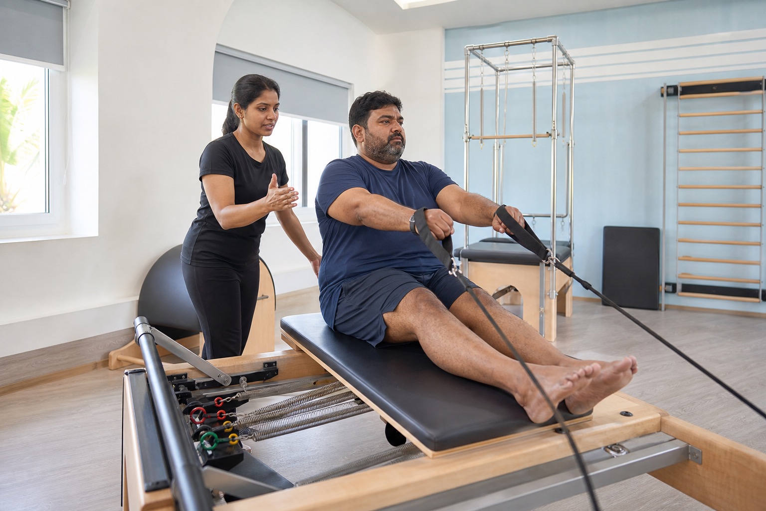 An adult man with a larger body performs a controlled seated Pilates exercise with a black-uniform instructor
