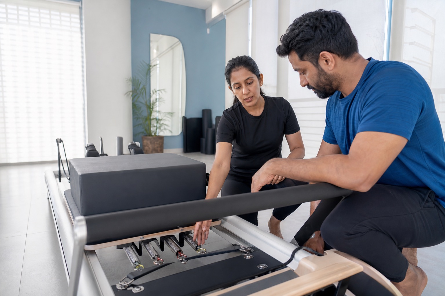 A Pilates instructor in a black uniform explains Reformer spring settings to an adult client in a bright studio