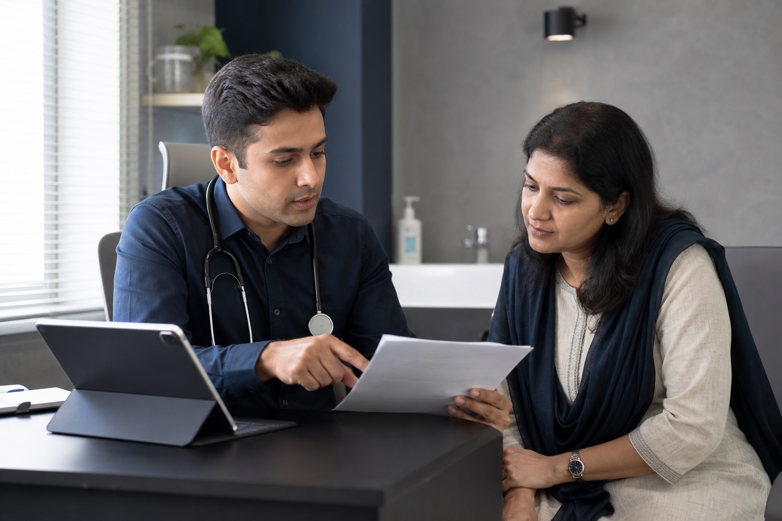 A physician reviewing health results with an adult patient