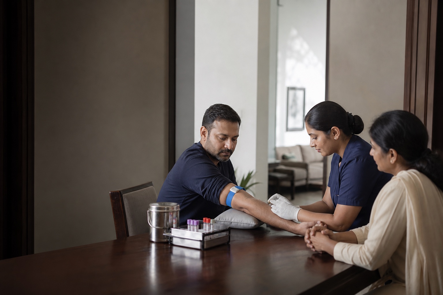 A trained home collection team member collecting a blood sample from an adult at home
