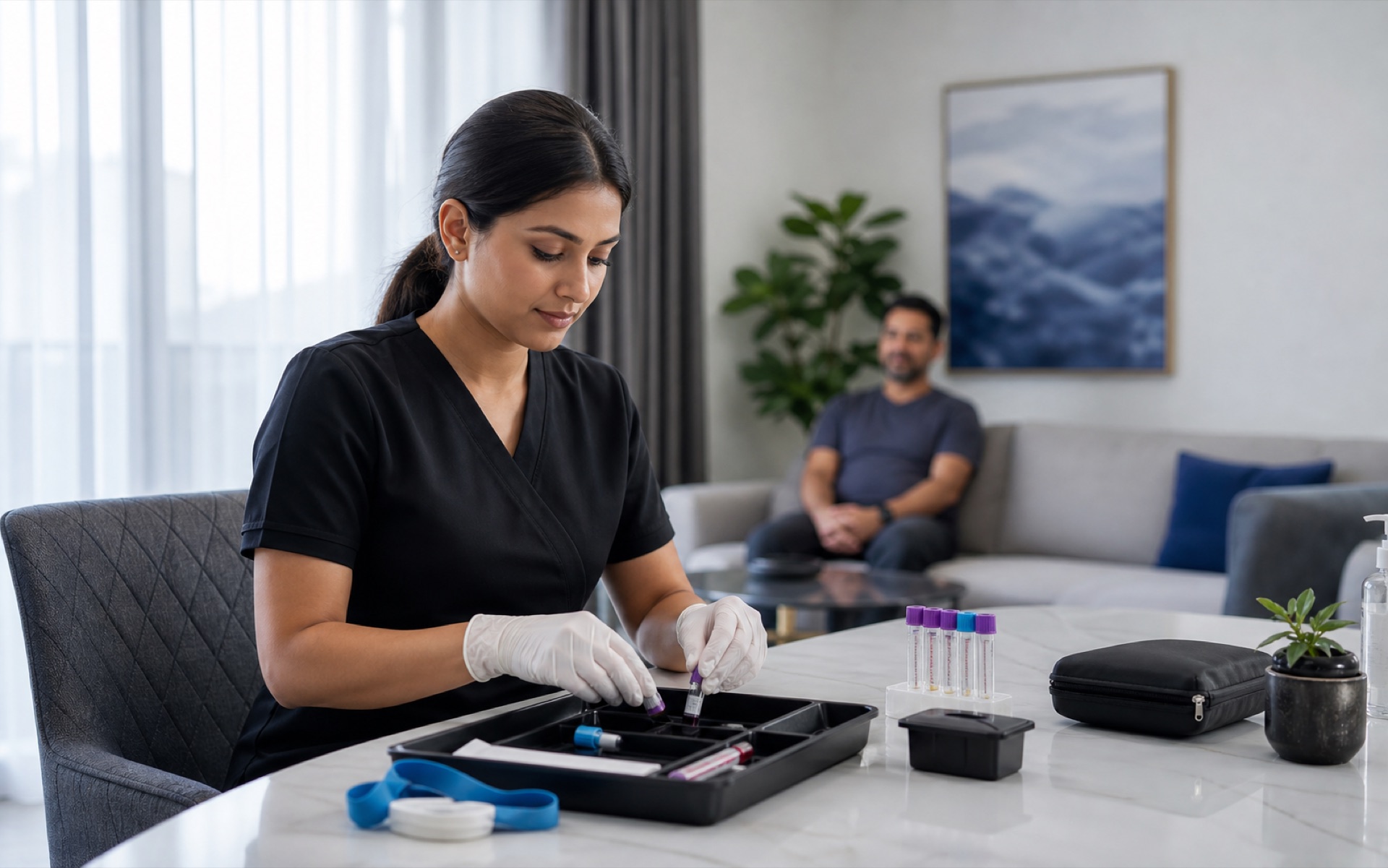 A Lyxaa collection team member preparing an at-home blood sample collection